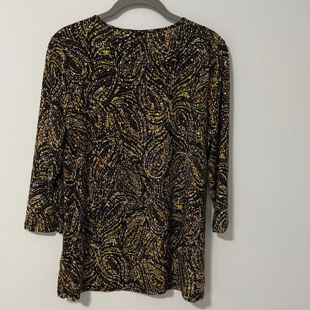 Emily Daniel’s Elegant Brown and Gold Swirl Tunic Top SZPM. - Picture 2 of 14